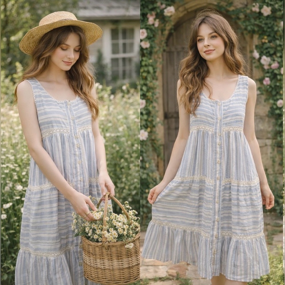 Shabby Chic Stripe Lace Button Tiered Dress Feminine Dainty Romantic Cottagecore